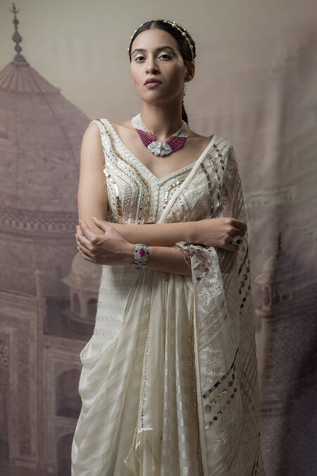 Neha & Tarun_Beige Organza, Chanderi, Georgette, Lining Embroidered Pre-draped Saree Gown _Online_at_Aza_Fashions