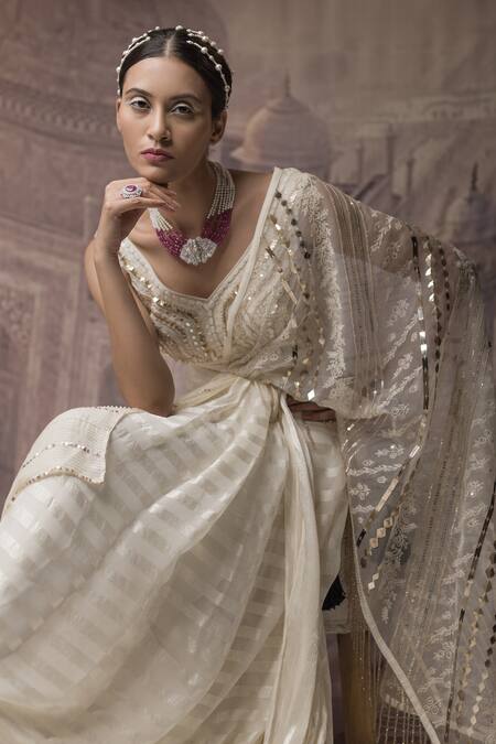Buy_Neha & Tarun_Beige Organza, Chanderi, Georgette, Lining Embroidered Pre-draped Saree Gown _Online_at_Aza_Fashions
