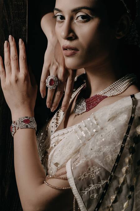 Shop_Neha & Tarun_Beige Organza, Chanderi, Georgette, Lining Embroidered Pre-draped Saree Gown _Online_at_Aza_Fashions