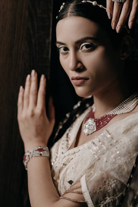 Neha & Tarun_Beige Organza, Chanderi, Georgette, Lining Embroidered Pre-draped Saree Gown _at_Aza_Fashions