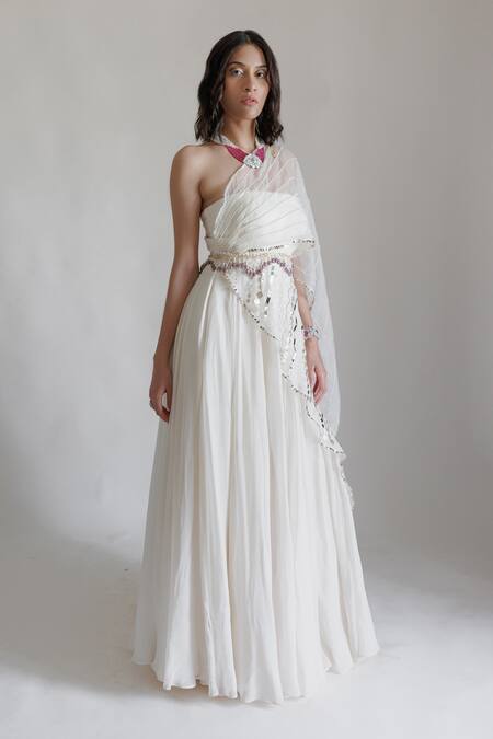 Neha & Tarun_Beige Organza, Georgette, Lining Shantoon Draped Gown With Embroidered Belt _Online_at_Aza_Fashions