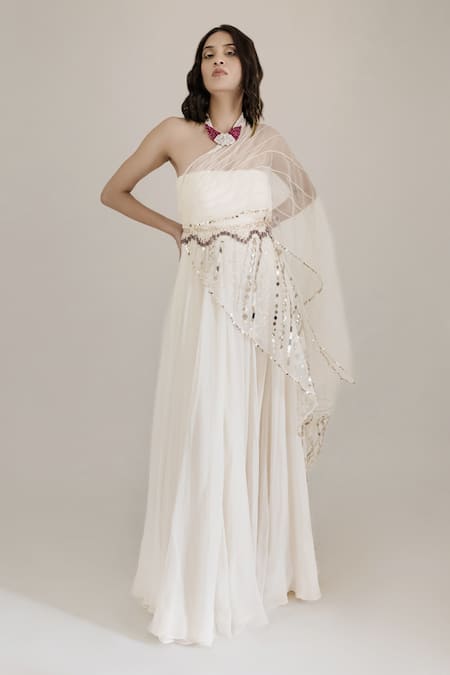 Buy_Neha & Tarun_Beige Organza, Georgette, Lining Shantoon Draped Gown With Embroidered Belt _Online_at_Aza_Fashions