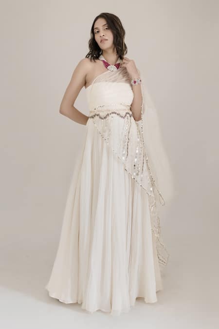 Shop_Neha & Tarun_Beige Organza, Georgette, Lining Shantoon Draped Gown With Embroidered Belt _Online_at_Aza_Fashions