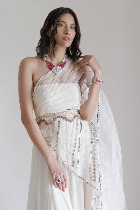Neha & Tarun_Beige Organza, Georgette, Lining Shantoon Draped Gown With Embroidered Belt _at_Aza_Fashions