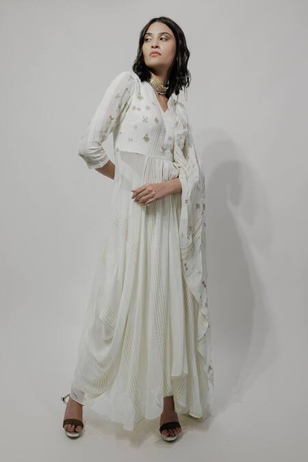 Neha & Tarun_Beige Georgette, Lining Shantoon Geometric, Zardozi V Draped Kurta And Pant Set_Online_at_Aza_Fashions