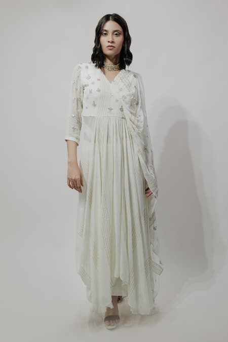 Buy_Neha & Tarun_Beige Georgette, Lining Shantoon Geometric, Zardozi V Draped Kurta And Pant Set_Online_at_Aza_Fashions