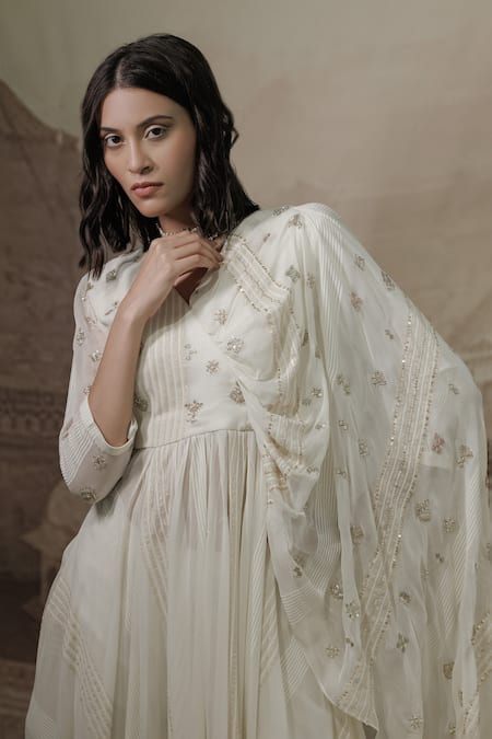 Shop_Neha & Tarun_Beige Georgette, Lining Shantoon Geometric, Zardozi V Draped Kurta And Pant Set_Online_at_Aza_Fashions