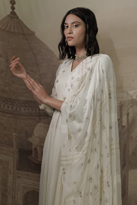 Neha & Tarun_Beige Georgette, Lining Shantoon Geometric, Zardozi V Draped Kurta And Pant Set_at_Aza_Fashions