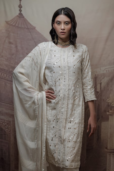 Shop Neha & Tarun Beige Chanderi, Georgette, Lining Shantoon Geometric, Sequin Jewel Kurta Set at Aza Fashions Shop_Neha & Tarun_Beige Chanderi, Georgette, Lining Shantoon Geometric, Sequin Jewel Kurta Set_at_Aza_Fashions