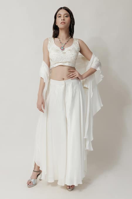 Neha & Tarun_Beige Lining Shantoon, Viscose Bemberg Sequin Blouse Stripe And Palazzo Set_Online_at_Aza_Fashions