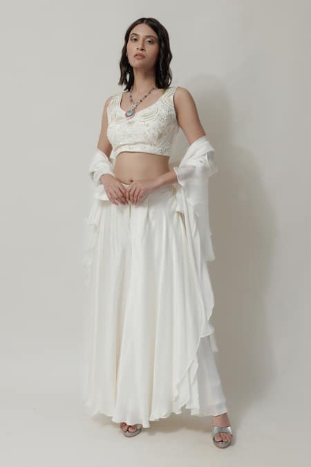 Buy_Neha & Tarun_Beige Lining Shantoon, Viscose Bemberg Sequin Blouse Stripe And Palazzo Set_Online_at_Aza_Fashions