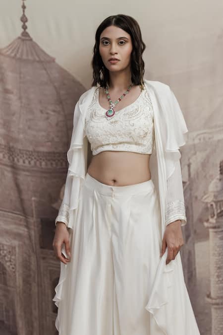 Shop_Neha & Tarun_Beige Lining Shantoon, Viscose Bemberg Sequin Blouse Stripe And Palazzo Set_Online_at_Aza_Fashions