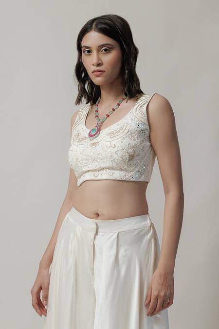 Neha & Tarun_Beige Lining Shantoon, Viscose Bemberg Sequin Blouse Stripe And Palazzo Set_at_Aza_Fashions