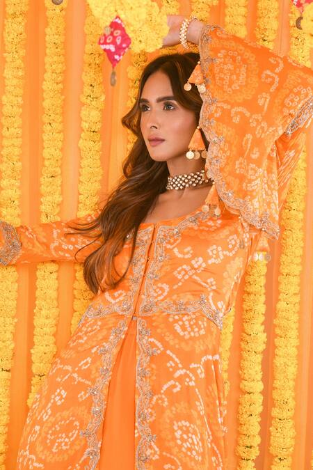 Bharat Adiani_Yellow Georgette Sequins, Bandhani, Hand Embroidered Peplum Kurta And Sharara Set _Online_at_Aza_Fashions