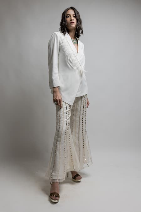 Buy_Neha & Tarun_White Organza, Lining Shantoon, Poly Viscose Plain Asymmetric Blazer And Pant Set_Online_at_Aza_Fashions
