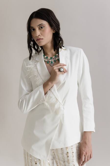 Shop_Neha & Tarun_White Organza, Lining Shantoon, Poly Viscose Plain Asymmetric Blazer And Pant Set_Online_at_Aza_Fashions