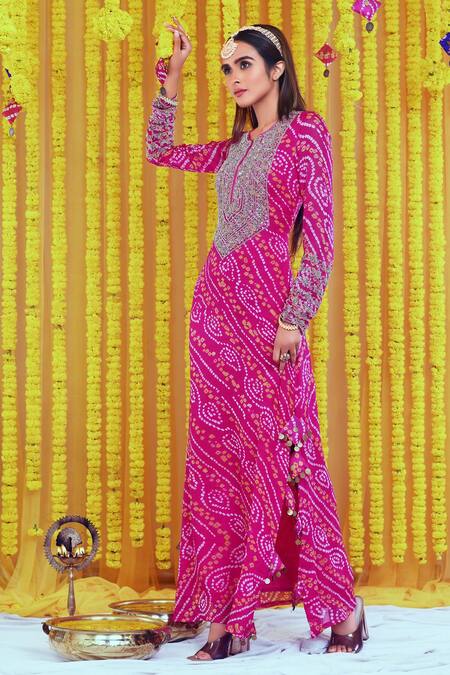 Bharat Adiani_Pink Georgette Sequins, Bandhani, Zardosi Round Embroidered Tunic_Online_at_Aza_Fashions