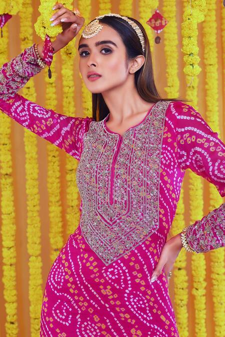 Buy_Bharat Adiani_Pink Georgette Sequins, Bandhani, Zardosi Round Embroidered Tunic_Online_at_Aza_Fashions