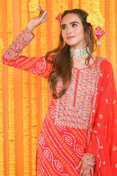 Bharat Adiani_Orange Georgette Sequins, Bandhani, Zardosi Round Embroidered Kurta Sharara Set _Online_at_Aza_Fashions