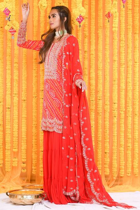 Buy_Bharat Adiani_Orange Georgette Sequins, Bandhani, Zardosi Round Embroidered Kurta Sharara Set _Online_at_Aza_Fashions