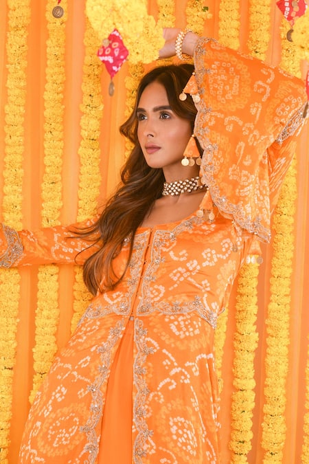 Buy_Bharat Adiani_Yellow Georgette Sequins, Bandhani, Hand Embroidered Peplum Kurta And Sharara Set _Online_at_Aza_Fashions