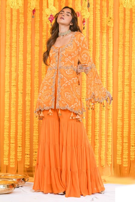 Bharat Adiani_Yellow Georgette Sequins, Bandhani, Hand Embroidered Peplum Kurta And Sharara Set _at_Aza_Fashions