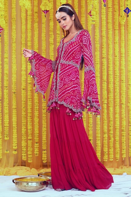 Bharat Adiani_Pink Georgette Sequins, Bandhani, Hand Embroidered Peplum Kurta Sharara Set _Online_at_Aza_Fashions