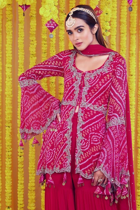 Buy_Bharat Adiani_Pink Georgette Sequins, Bandhani, Hand Embroidered Peplum Kurta Sharara Set _Online_at_Aza_Fashions