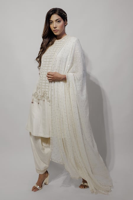 Neha & Tarun_Beige Chanderi, Georgette, Lining Shantoon Geometric, Embroidered Kurta Set_Online_at_Aza_Fashions