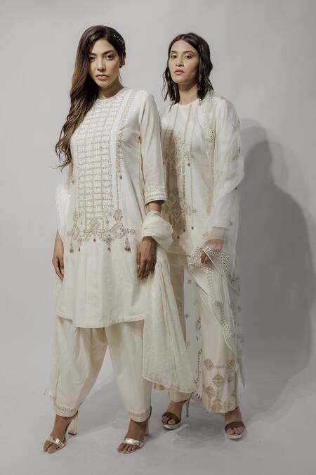 Buy_Neha & Tarun_Beige Chanderi, Georgette, Lining Shantoon Geometric, Embroidered Kurta Set_Online_at_Aza_Fashions