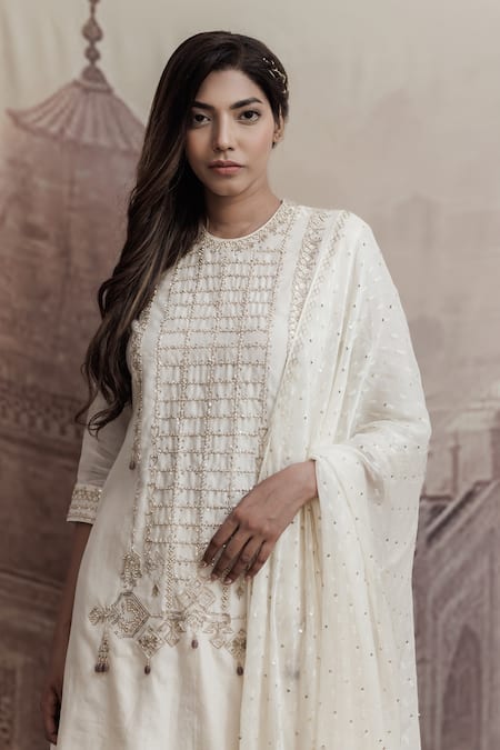Shop_Neha & Tarun_Beige Chanderi, Georgette, Lining Shantoon Geometric, Embroidered Kurta Set_Online_at_Aza_Fashions