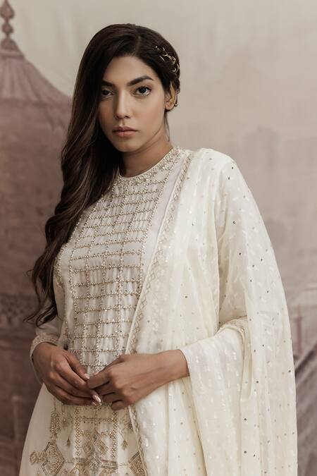 Neha & Tarun_Beige Chanderi, Georgette, Lining Shantoon Geometric, Embroidered Kurta Set_at_Aza_Fashions