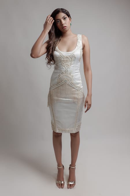 Neha & Tarun Beige Cotton Lycra Satin Embroidery Cutdana Jewel Neck Bodycon Dress