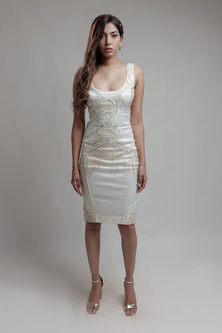 Neha & Tarun_Beige Net, Cotton Lycra Satin, Lining Shantoon Embroidered Bodycon Dress_Online_at_Aza_Fashions