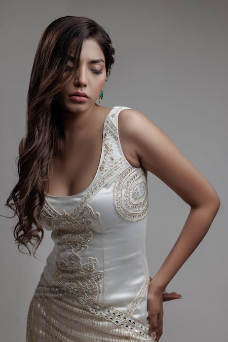 Shop_Neha & Tarun_Beige Net, Cotton Lycra Satin, Lining Shantoon Embroidered Bodycon Dress_Online_at_Aza_Fashions