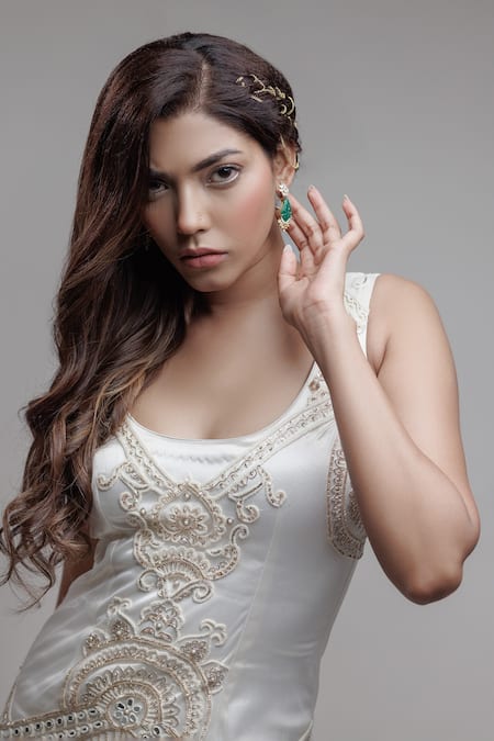 Neha & Tarun_Beige Net, Cotton Lycra Satin, Lining Shantoon Embroidered Bodycon Dress_at_Aza_Fashions