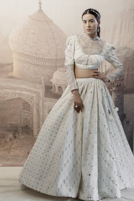 Neha & Tarun_White Organza, Chanderi Silk, Lining Shantoon Embroidered Bridal Lehenga Set_Online_at_Aza_Fashions