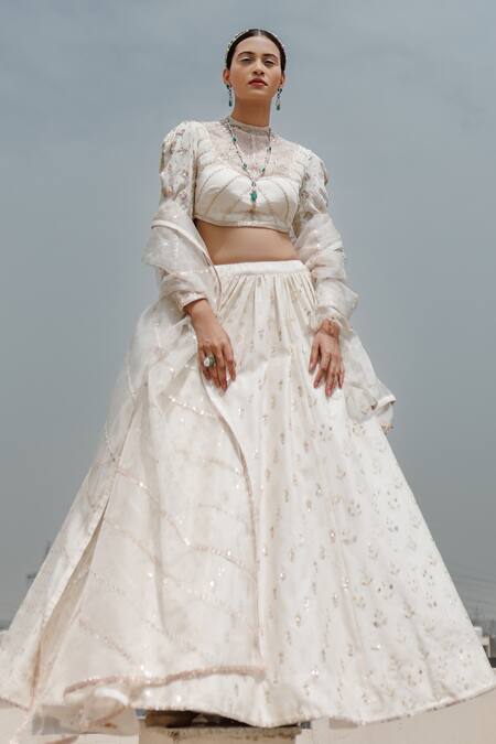 Buy_Neha & Tarun_White Organza, Chanderi Silk, Lining Shantoon Embroidered Bridal Lehenga Set_Online_at_Aza_Fashions