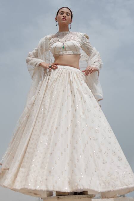 Shop_Neha & Tarun_White Organza, Chanderi Silk, Lining Shantoon Embroidered Bridal Lehenga Set_Online_at_Aza_Fashions
