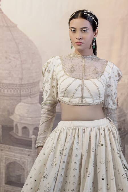 Neha & Tarun_White Organza, Chanderi Silk, Lining Shantoon Embroidered Bridal Lehenga Set_at_Aza_Fashions