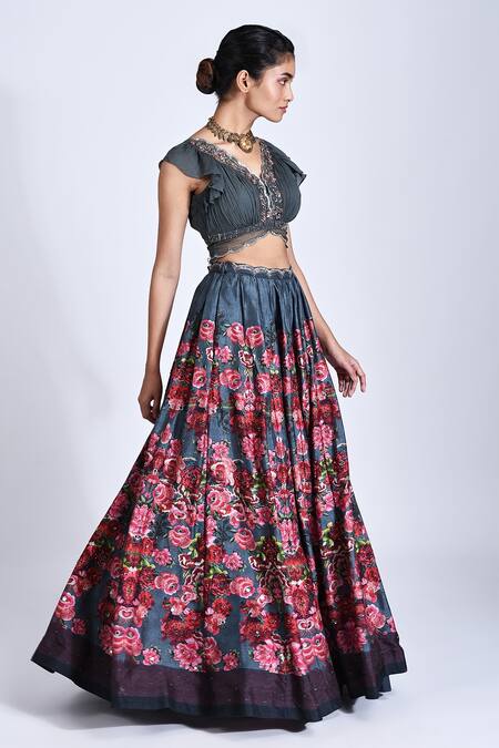 Basil Leaf_Grey Blouse Chiffon, Dupatta Organza, Lehenga Tussar Rose Scallop Print Set_Online_at_Aza_Fashions