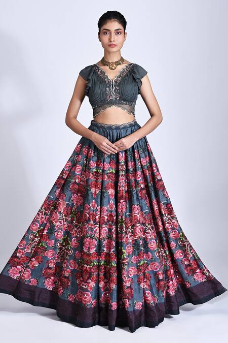 Buy_Basil Leaf_Grey Blouse Chiffon, Dupatta Organza, Lehenga Tussar Rose Scallop Print Set_Online_at_Aza_Fashions