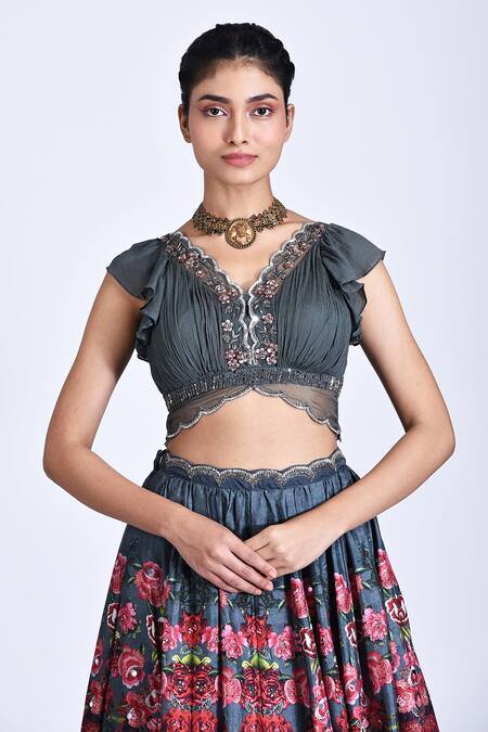 Shop_Basil Leaf_Grey Blouse Chiffon, Dupatta Organza, Lehenga Tussar Rose Scallop Print Set_Online_at_Aza_Fashions