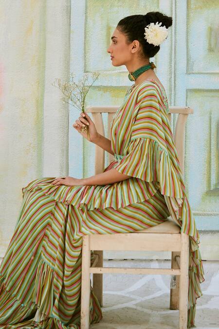 Basil Leaf Green Chinnon Chiffon Bead Work, Sequins V Neck Ruffle Pre-draped Saree Set Online at Aza Fashions Basil Leaf_Green Chinnon Chiffon Bead Work, Sequins V Neck Ruffle Pre-draped Saree Set_Online_at_Aza_Fashions