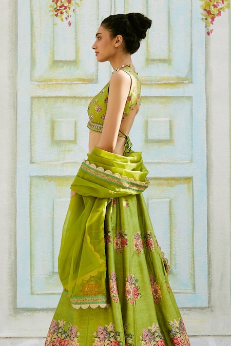 Buy_Basil Leaf_Green Dupatta Organza, Lehenga And Blouse Tussar Floral V Neck Print Set _Online_at_Aza_Fashions