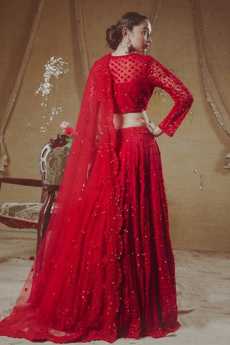 Shop Aangan By Parul Red Cotton, Net, Satin Floral Round Neck Embroidered Bridal Lehenga Set at Aza Fashions Shop_Aangan By Parul_Red Cotton, Net, Satin Floral Round Neck Embroidered Bridal Lehenga Set _at_Aza_Fashions