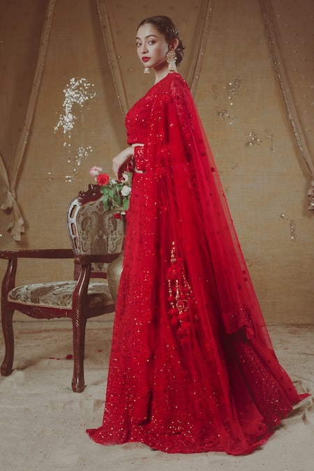 Aangan By Parul Red Cotton, Net, Satin Floral Round Neck Embroidered Bridal Lehenga Set Online at Aza Fashions Aangan By Parul_Red Cotton, Net, Satin Floral Round Neck Embroidered Bridal Lehenga Set _Online_at_Aza_Fashions