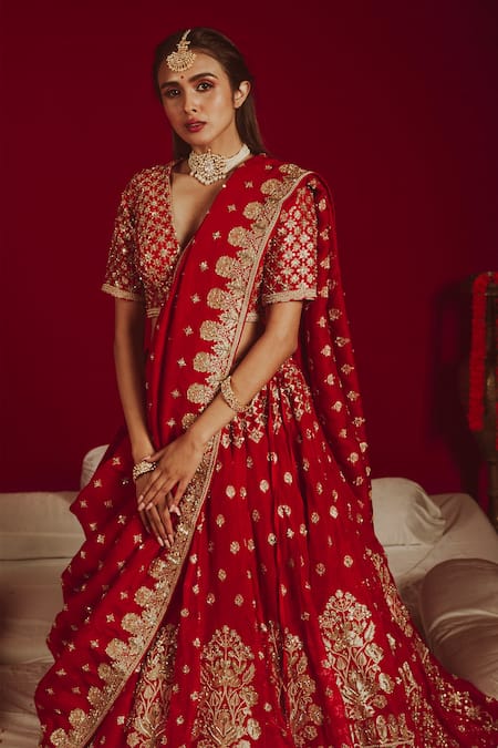 Aangan By Parul_Red Cotton, Organza, Banarasi, Georgette, Satin Gold Bridal Lehenga Set _Online_at_Aza_Fashions