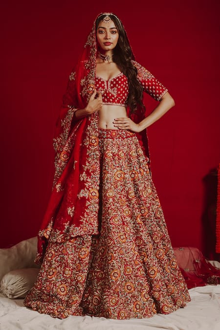 Aangan by Parul Red Raw Silk Embroidered Floral Leaf Neck Bridal Lehenga Set  