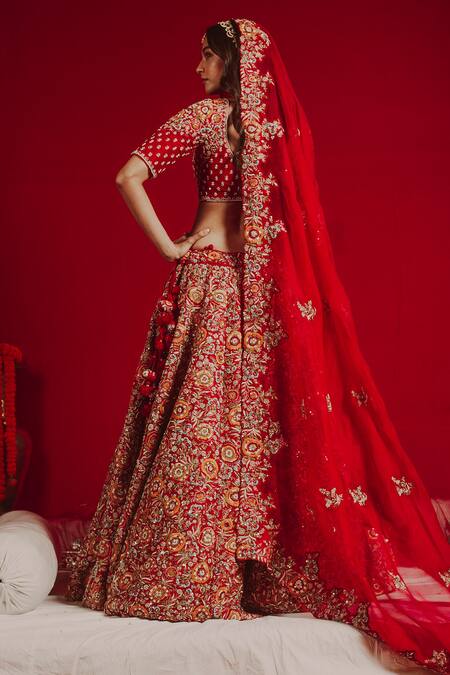 Shop Aangan By Parul Red Cotton, Raw Silk, Organza Satin Floral Leaf Embroidered Bridal Lehenga Set at Aza Fashions Shop_Aangan By Parul_Red Cotton, Raw Silk, Organza Satin Floral Leaf Embroidered Bridal Lehenga Set _at_Aza_Fashions